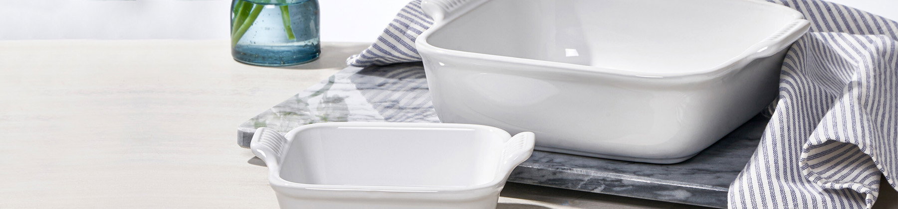 Photo of Le Creuset white baking dishes.