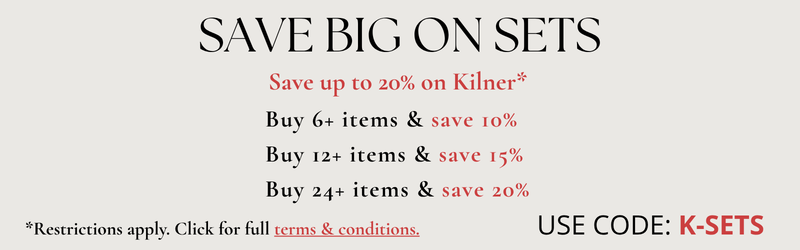 Buy More, Save More. Build your own Kilner set and Save. Save up to 20 percent. Use Code: K-SET. Cart must contain at least twelve items to qualify for discount. Discount applies only to full-price items.