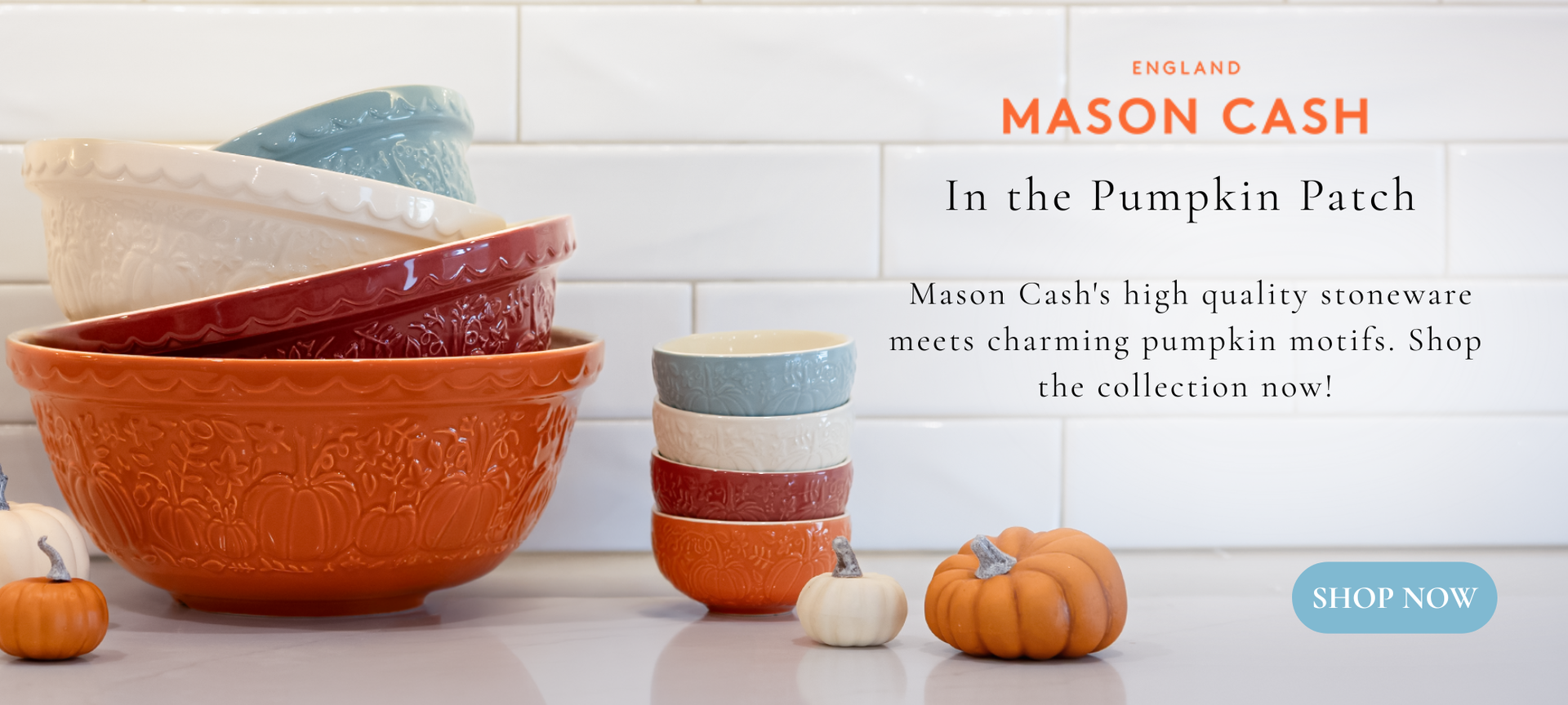 Mason Cash In The Pumpkin Patch. Take a stroll through the pumpkin patch! Mason Cash high quality stoneware meets charming pumpkin motifs. Shop the collection now and receive a FREE Price and Kensington Acorn Spoon rest with any  purchase. Shop Now!